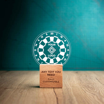 A medium Darts trophy with custom text and logos, on an eco-friendly wooden base, with a clear Perspex Darts board mounted on top, featuring fully customisable areas for text and logos.