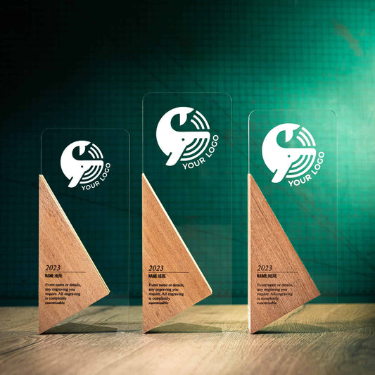 Three Elevate Trophies, an artistic personalised laser engraved perspex trophy with a wooden base