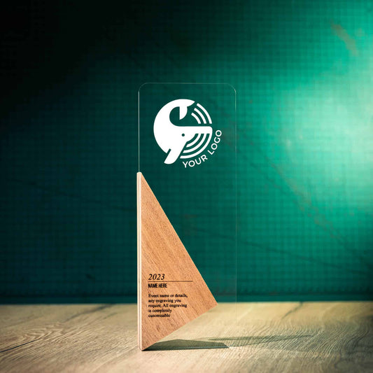 Large Elevate Trophy, an artistic personalised laser engraved perspex trophy with a wooden base