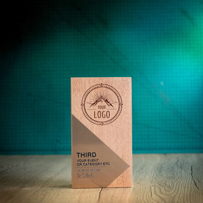 An Eco-friendly wooden trophy from the Epic Range. A personalised large block trophy with Gold, Silver or Bronze accent fronts.