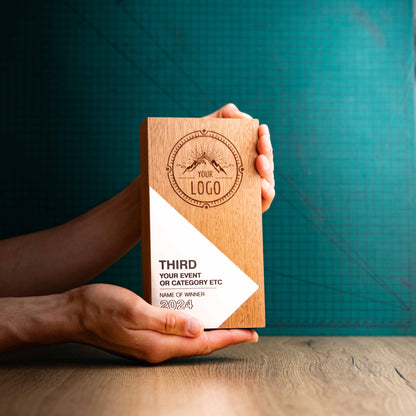 An Eco-friendly wooden trophy from the Epic Range. A personalised large block trophy with Gold, Silver or Bronze accent fronts.