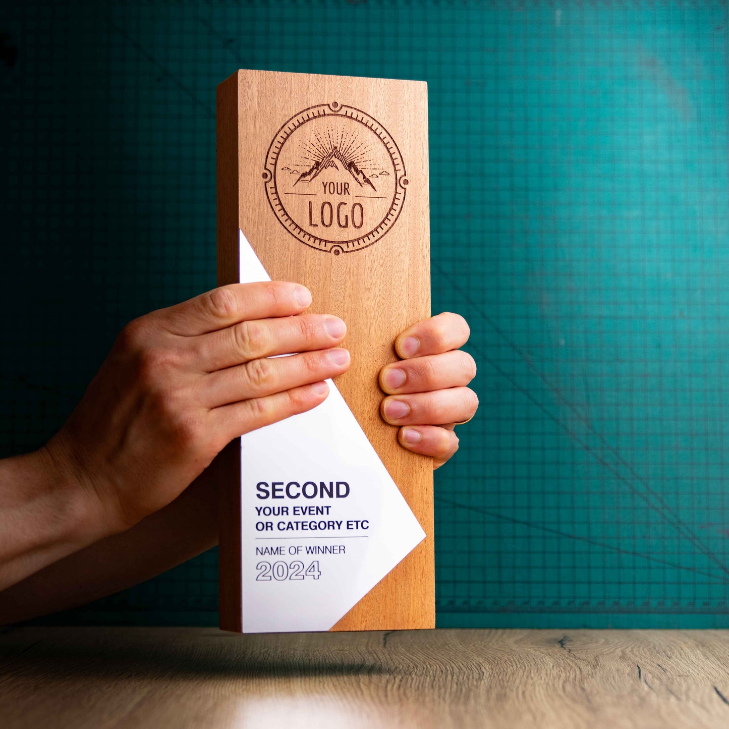 An Eco-friendly wooden trophy from the Epic Range. A personalised large block trophy with Gold, Silver or Bronze accent fronts.
