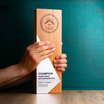 An Eco-friendly wooden trophy from the Epic Range. A personalised large block trophy with Gold, Silver or Bronze accent fronts.