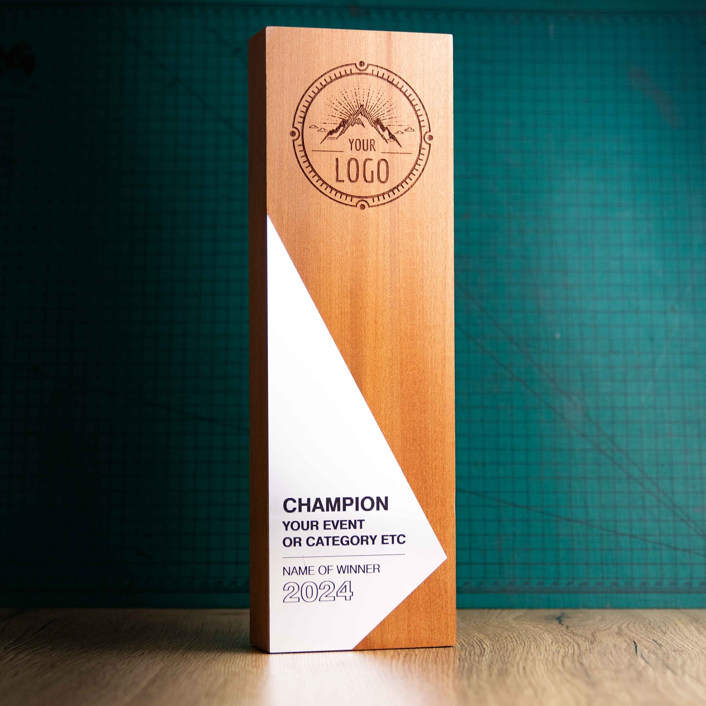 An Eco-friendly wooden trophy from the Epic Range. A personalised large block trophy with Gold, Silver or Bronze accent fronts.