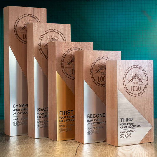 Five Eco-friendly wooden trophies from the Epic Range. Personalised large block trophies with Gold, Silver or Bronze accent fronts.
