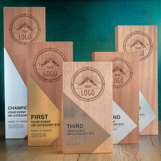 Five Eco-friendly wooden trophies from the Epic Range. Personalised large block trophies with Gold, Silver or Bronze accent fronts.