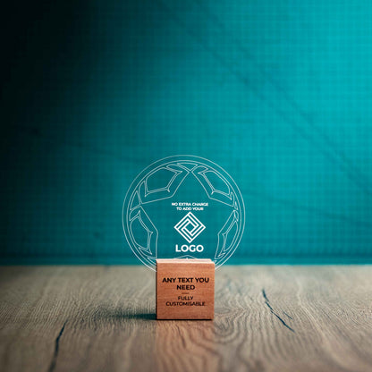 A small football trophy with custom text and logos, on an eco-friendly wooden base, with a clear Perspex football mounted on top, featuring fully customisable areas for text and logos.