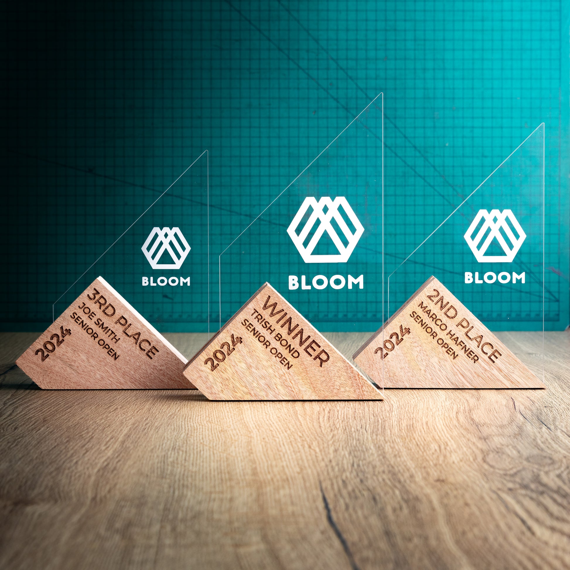 The Genoa Award Range. An Eco-Friendly Wooden and Perspex Award that has a wooden base engraved with a logo and a recyclable clear Perspex triangular shape with a point on the left side of the trophy, which contains the winner and event information.