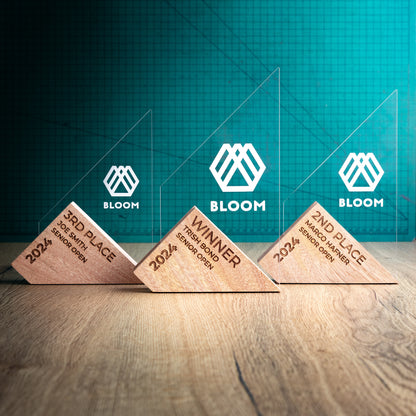 The Genoa Award Range. An Eco-Friendly Wooden and Perspex Award that has a wooden base engraved with a logo and a recyclable clear Perspex triangular shape with a point on the left side of the trophy, which contains the winner and event information.