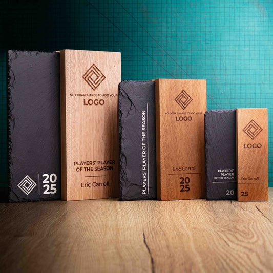 The Henge Award range, small, medium and large. A range of laser-engraved, eco-friendly wooden and slate trophies, made of two pieces of Sapele wood with a piece of natural Snowdonian slate.