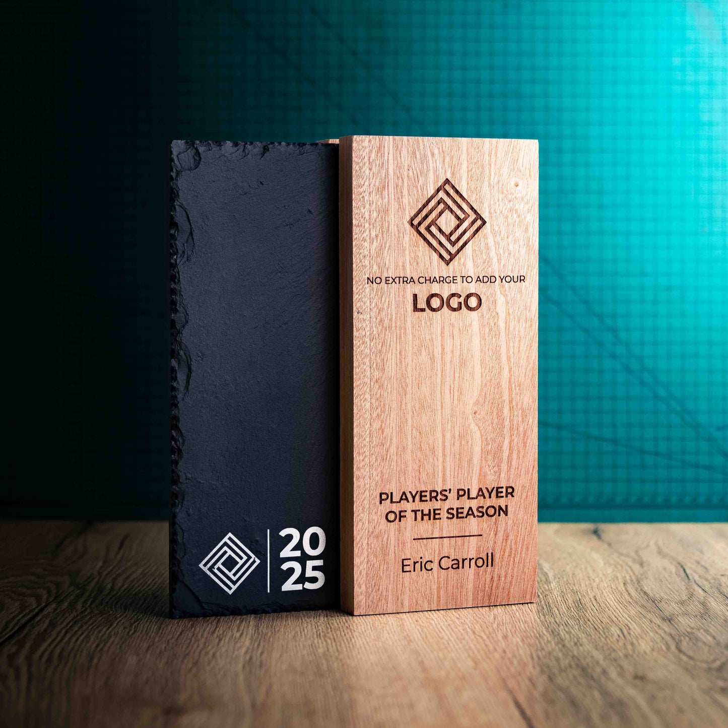 A Large Henge Award, a laser-engraved, eco-friendly wooden and slate trophy, made of two pieces of Sapele wood with a piece of natural Snowdonian slate.