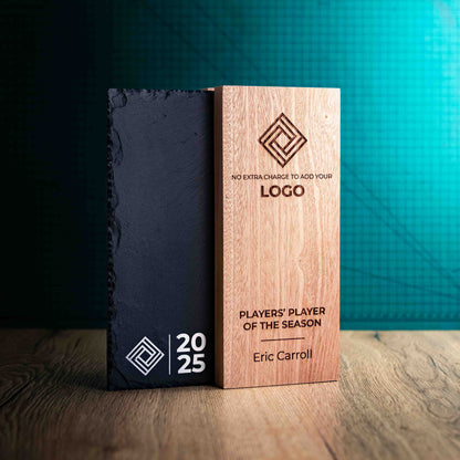 A Large Henge Award, a laser-engraved, eco-friendly wooden and slate trophy, made of two pieces of Sapele wood with a piece of natural Snowdonian slate.