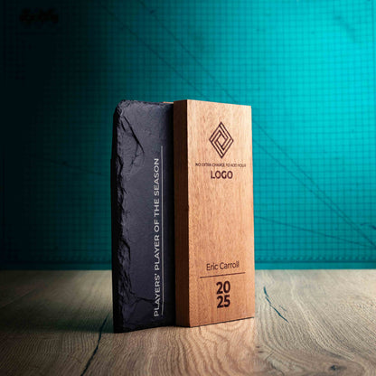A Large Henge Award, a laser-engraved, eco-friendly wooden and slate trophy, made of two pieces of Sapele wood with a piece of natural Snowdonian slate.