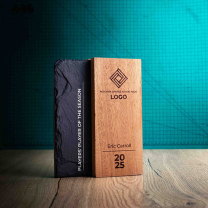 A medium Henge Award, a laser-engraved, eco-friendly wooden and slate trophy, made of two pieces of Sapele wood with a piece of natural Snowdonian slate.