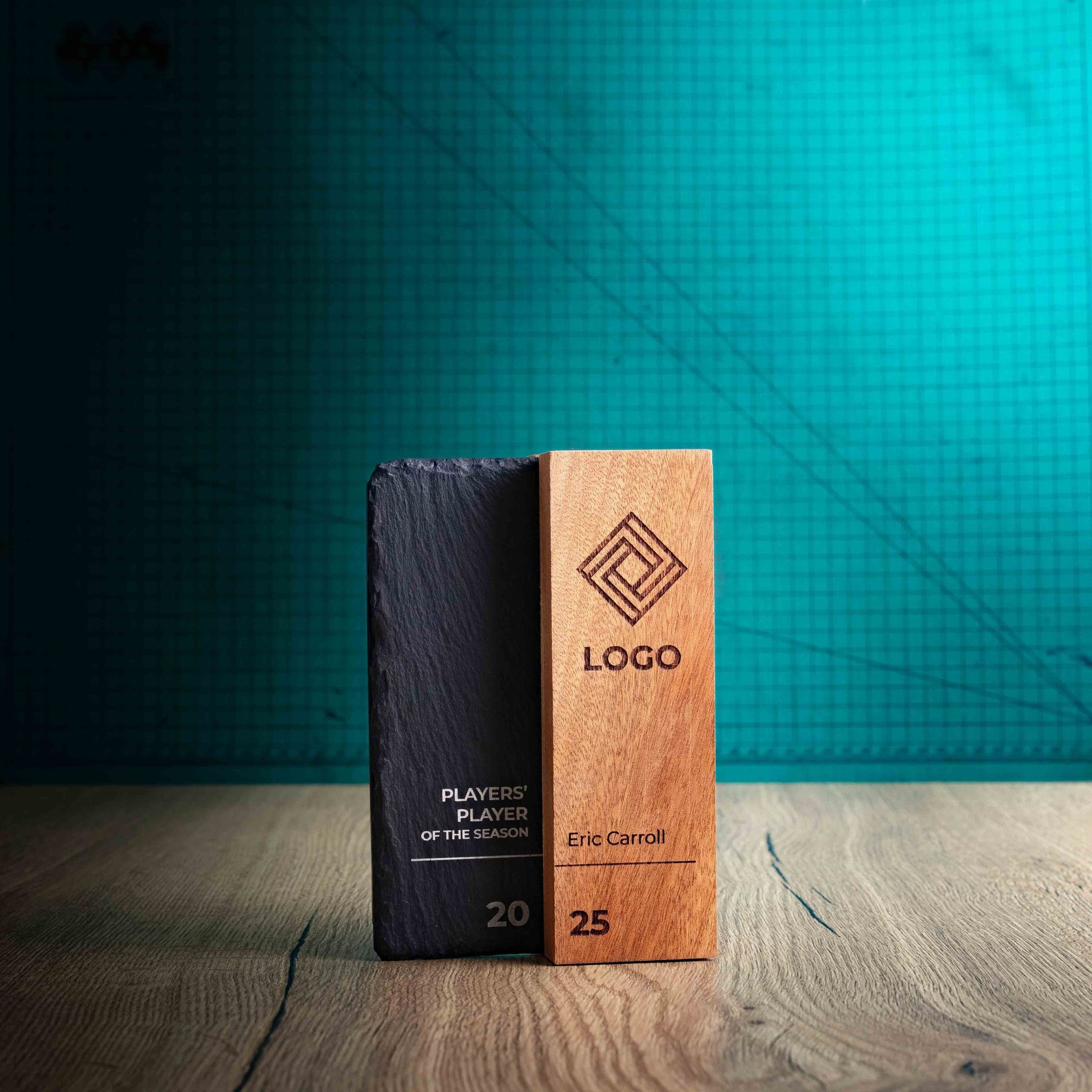 A Large Henge Award, a laser-engraved, eco-friendly wooden and slate trophy, made of two pieces of Sapele wood with a piece of natural Snowdonian slate.