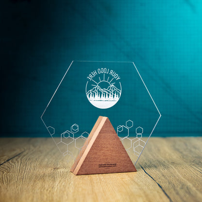 The back of the Hive Award, an Eco-friendly wooden trophy with 'responsibly sourced wood' text and www.lasersareus.com on a wooden surface.