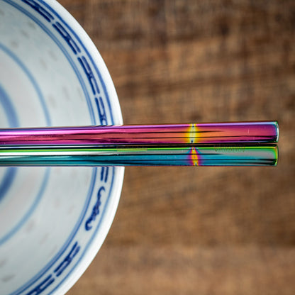 A pair of Chinese-style Metal Coloured Chopsticks - Iridencence. Each pair is personalised with either a name or a phrase.