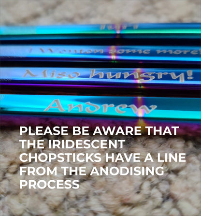 A pair of Chinese-style Metal Coloured Chopsticks - Iridencence. Each pair is personalised with either a name or a phrase.