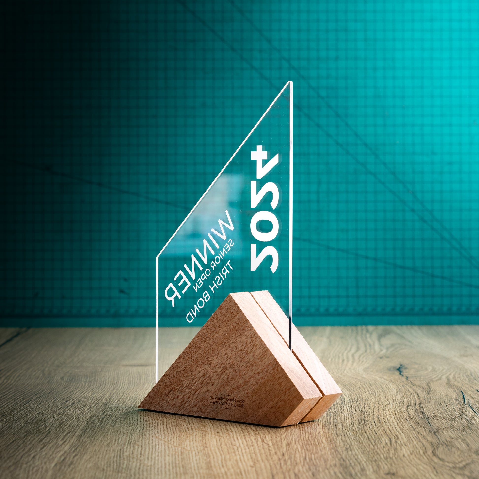 A Jib Award. An Eco-Friendly Wooden and Perspex Award that has a wooden base engraved with a logo and a recyclable clear Perspex triangular shape with a point on the right side of the trophy, which contains the winner and event information.