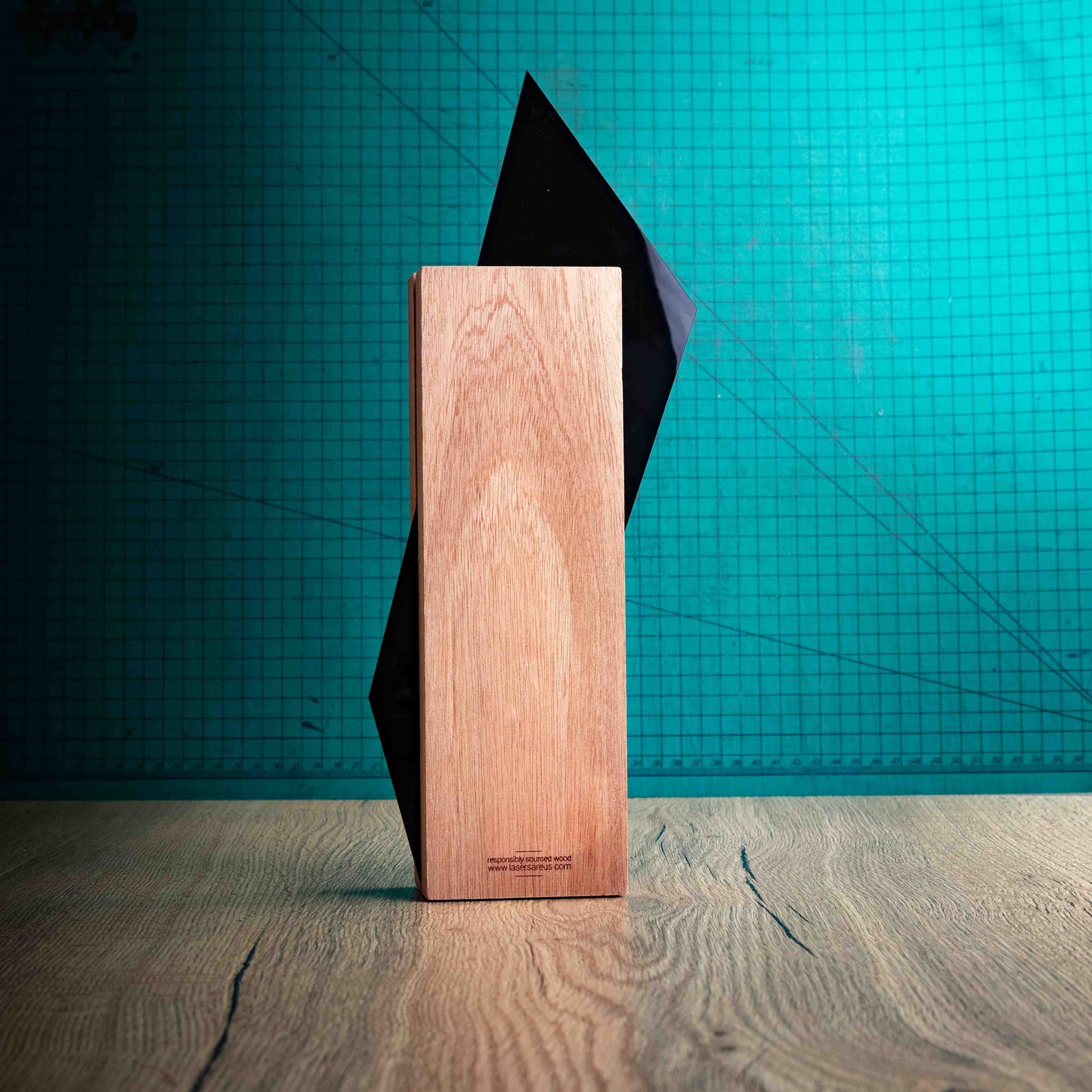 The back of the Kite Award, an Eco-friendly wooden trophy with 'responsibly sourced wood' text and www.lasersareus.com on a wooden surface.
