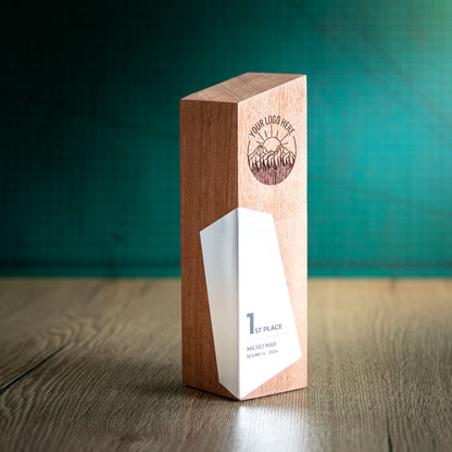 An Eco-friendly wooden trophy, the Boron Award, on a wooden surface.
