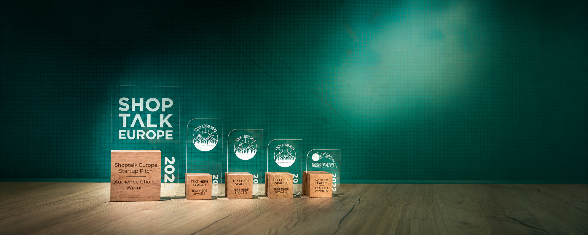 A panoramic group photograph of five personalised eco-friendly acrylic and wooden trophies with clear space for homepage text