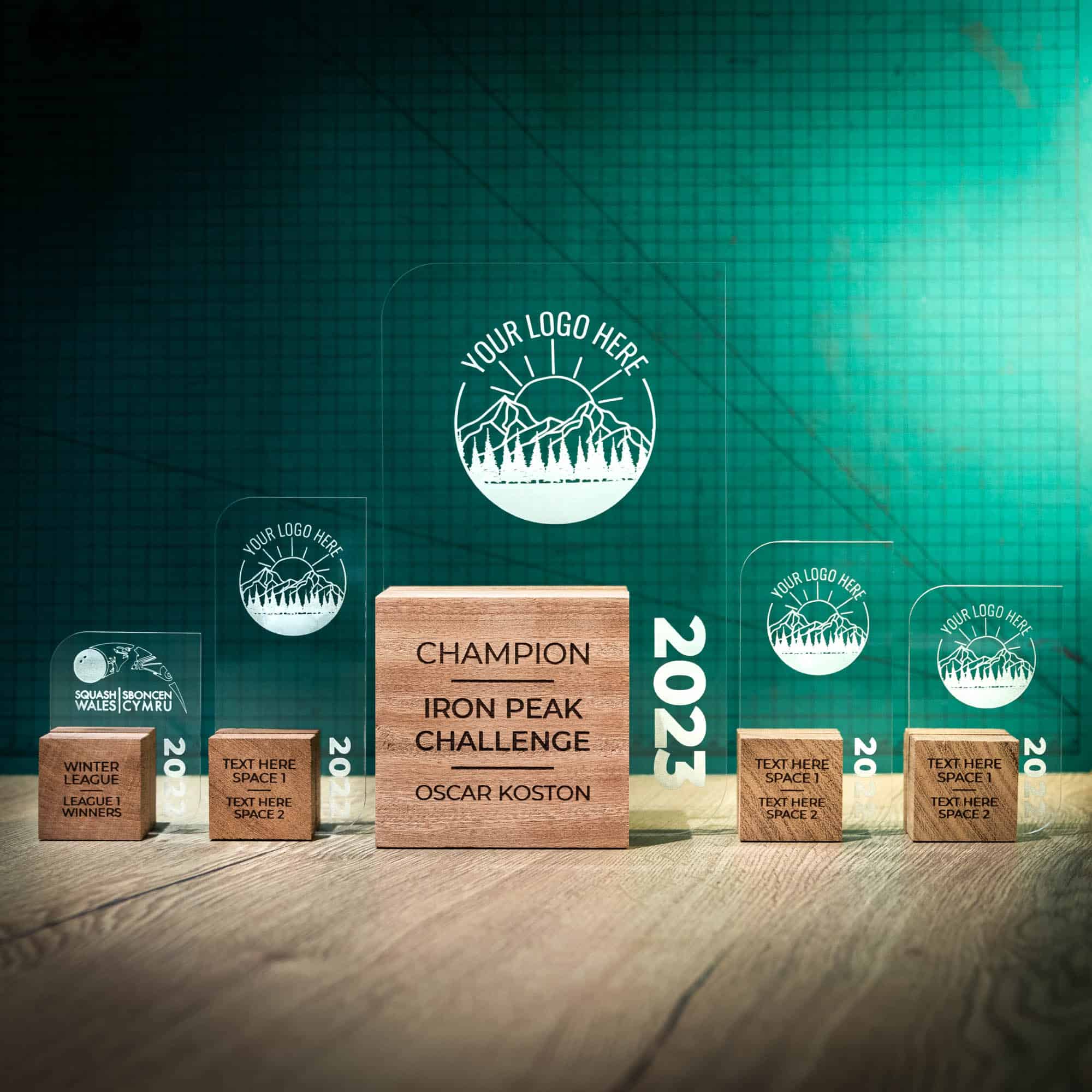 Leaf Trophies, five personalised laser engraved Perspex trophies with an eco friendly wooden base