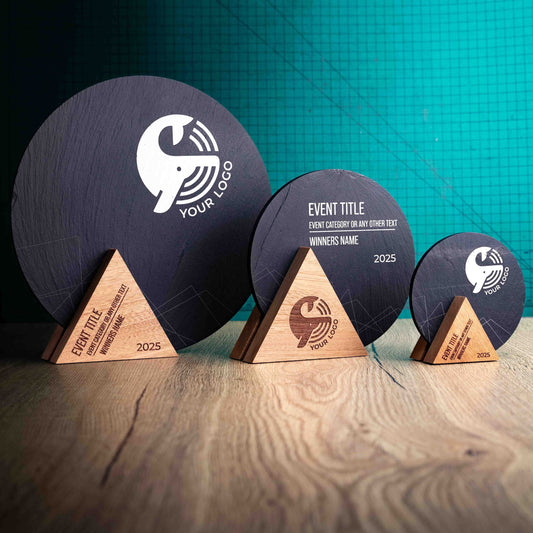 Three laser engraved, eco-friendly, wooden and slate trophies called Luna