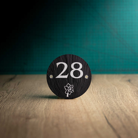 Black Finish Welsh Slate House Plaque - Small Circle With Motif