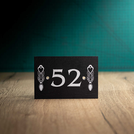 Black Finish Welsh Slate House Plaque - Rectangle With Lovespoons