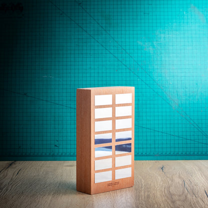 A rectangular wooden perpetual trophy with a grid of award plaques to engrave your winners names on, standing on a light wood surface against a teal background.