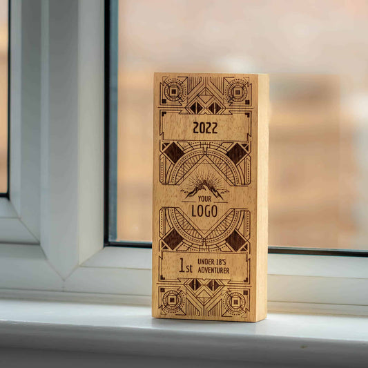 An artistic laser engraved, eco-friendly, wooden trophy