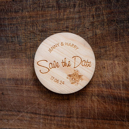 A personlized wooden coaster with a wedding message on it