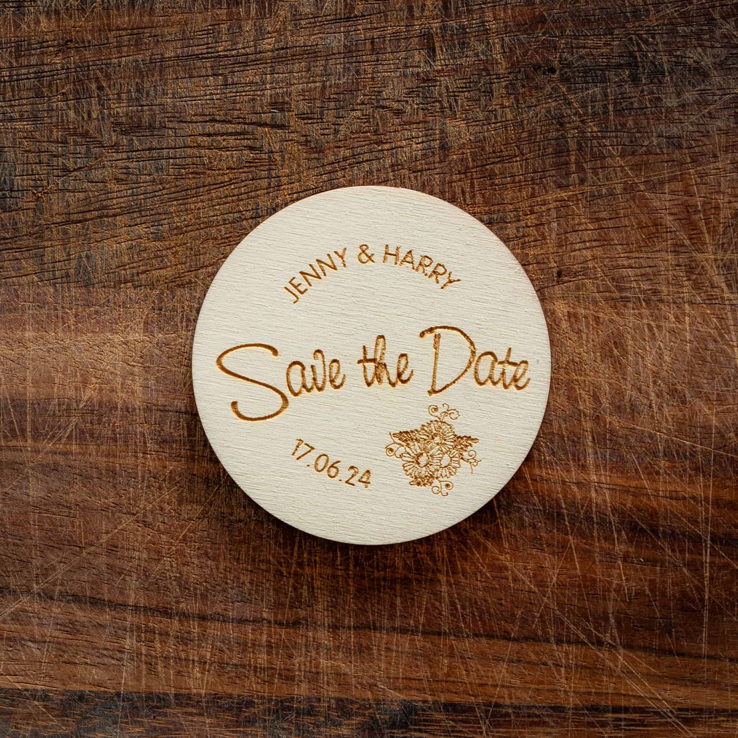 A personlized wooden coaster with a wedding message on it