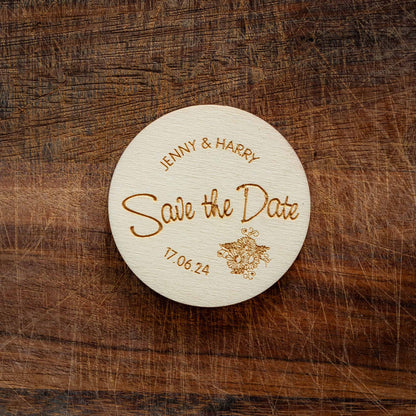 A personlized wooden coaster with a wedding message on it
