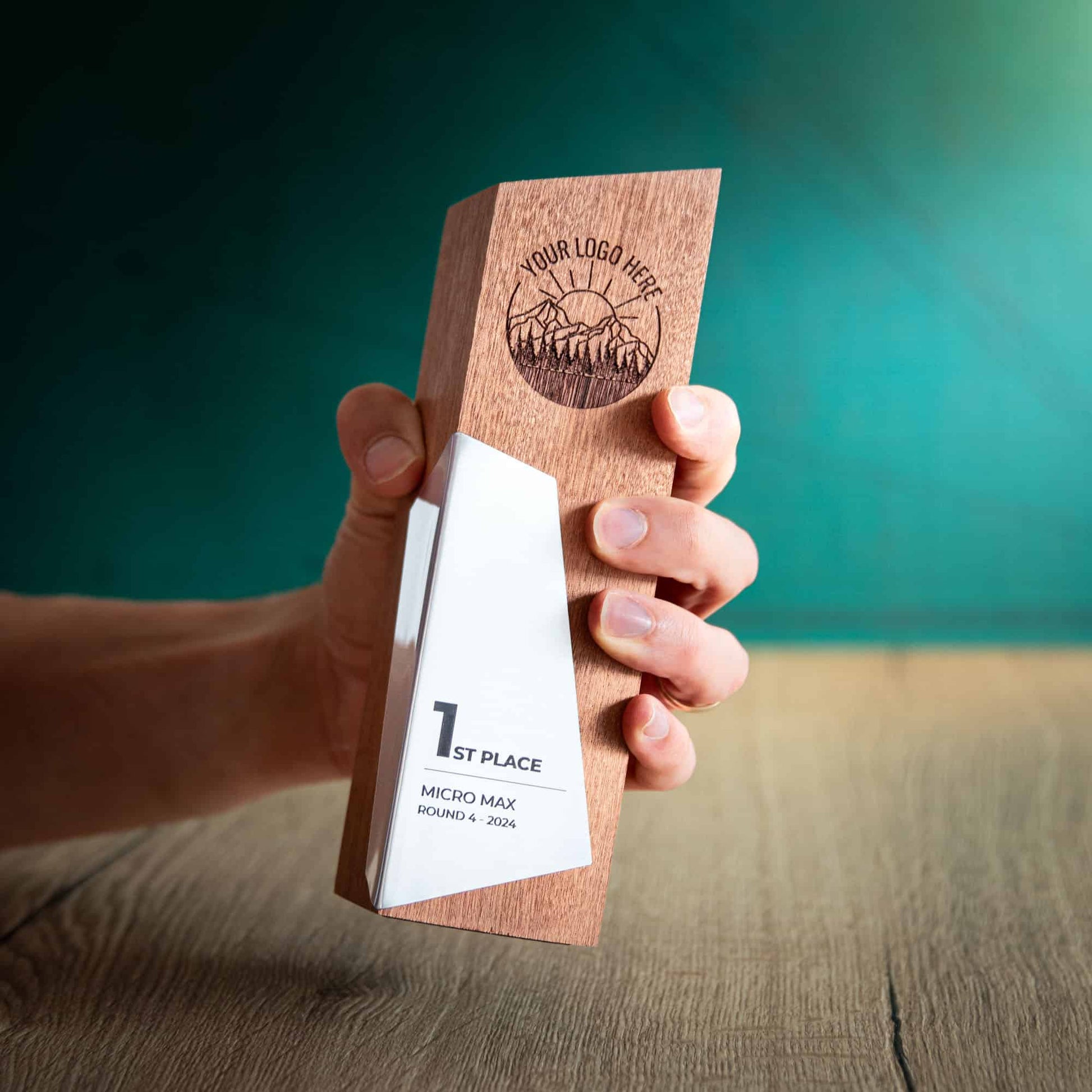 Eco-Friendly Wooden Trophy - Boron Large being held by a hand