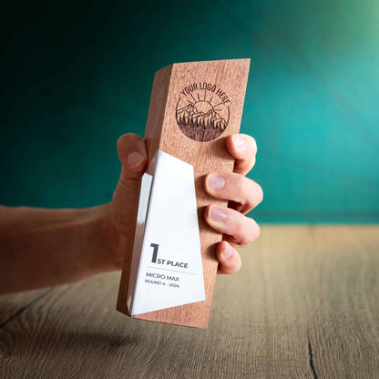 Eco-Friendly Wooden Trophy - Boron Large being held by a hand