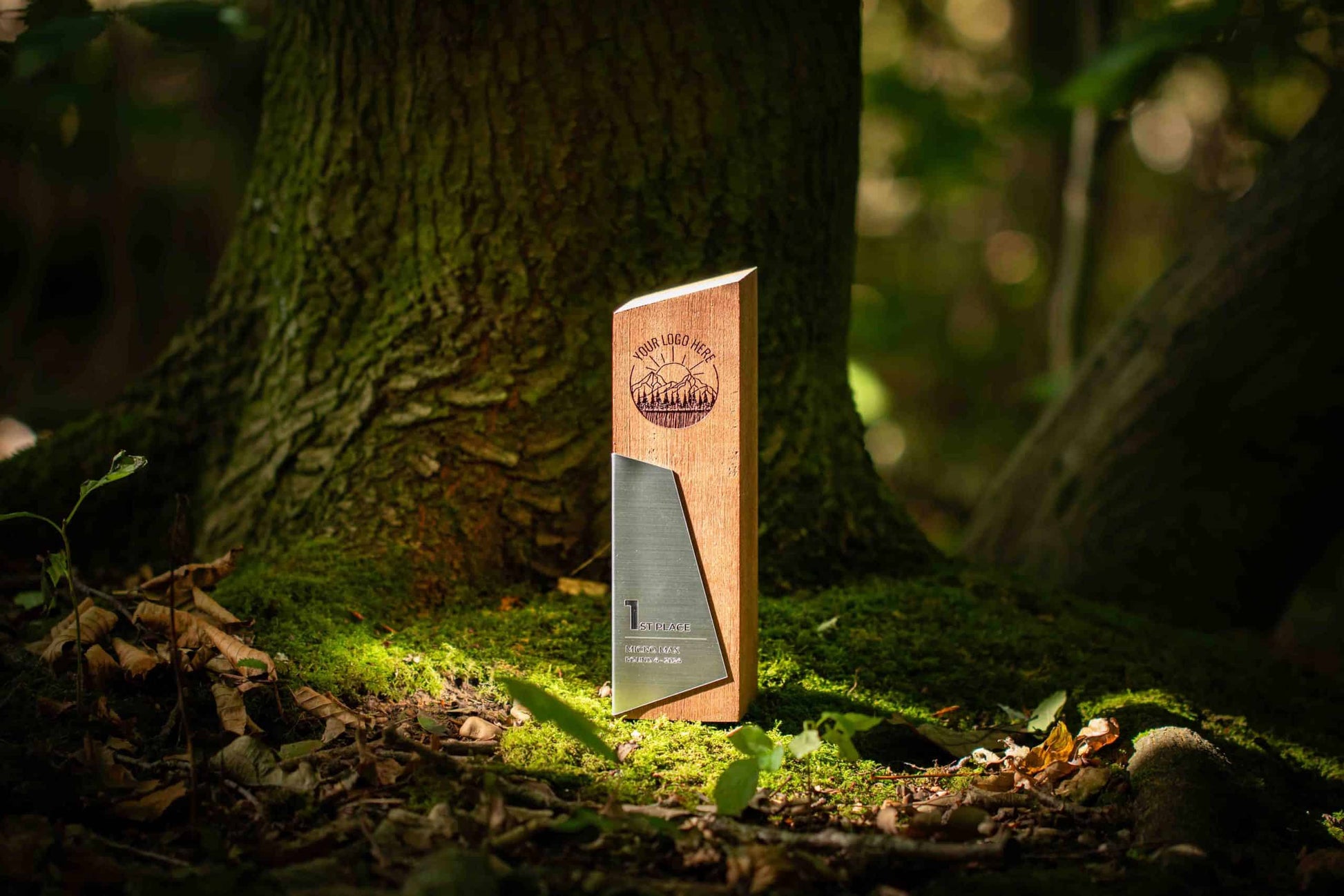 A unique wooden trophy made out of FCS-approved wood in a woodland
