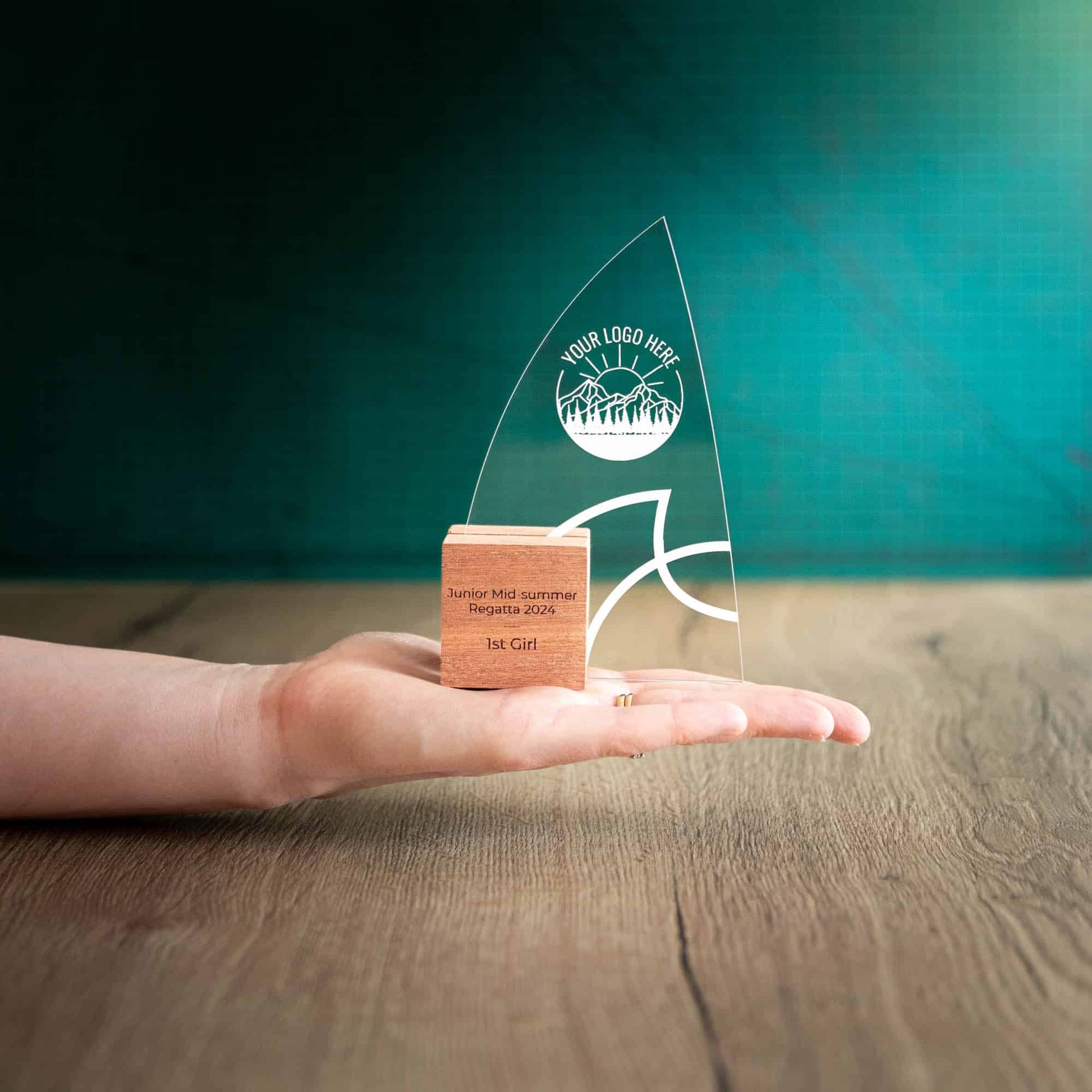 Eco-Friendly Wooden Trophy with recycled perspex - Windward Award being held by a hand
