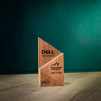 A medium laser-engraved, eco-friendly, Peak wooden trophy.