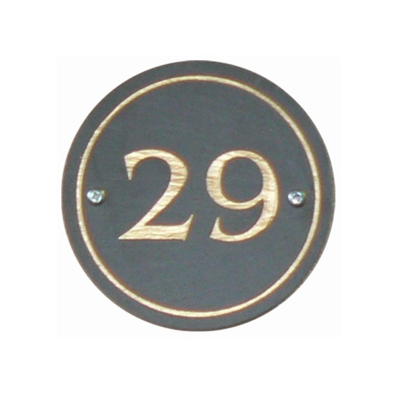 A Circular Welsh slate house plaque laser engraved with a house number and a border and colour filled in gold