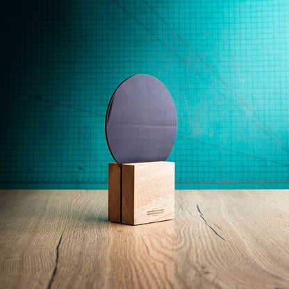 A back view of a medium Netball trophy with custom text and logos, on an eco-friendly wooden base, with a black Perspex Netball mounted on top, featuring fully customisable areas for text and logos.
