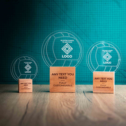 Three Netball trophies with custom text and logos, on eco-friendly wooden bases, with a clear Perspex Netball mounted on top, featuring fully customisable areas for text and logos.
