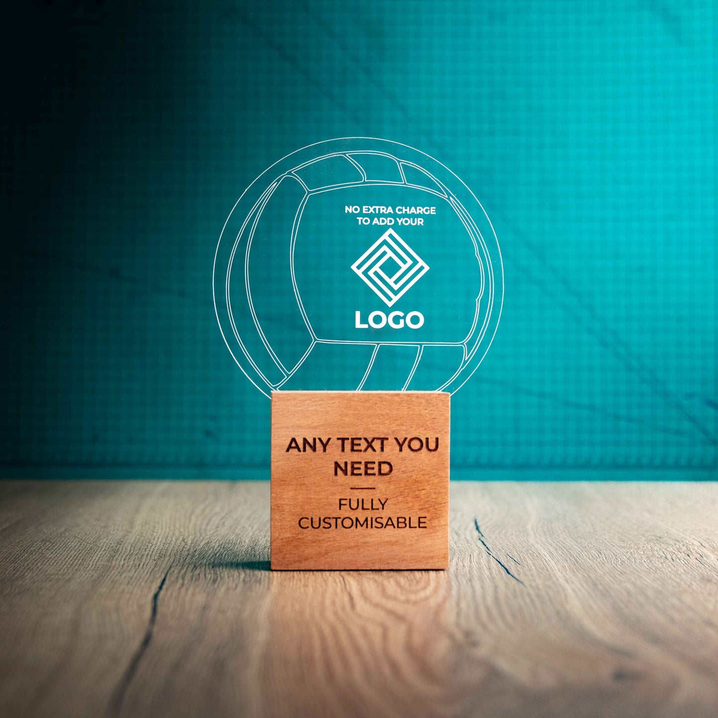 A large Netball trophy with custom text and logos, on an eco-friendly wooden base, with a clear Perspex Netball mounted on top, featuring fully customisable areas for text and logos.