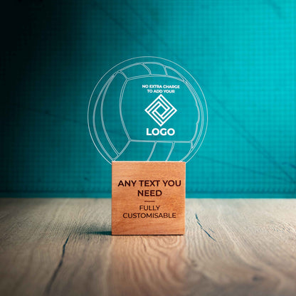 A large Netball trophy with custom text and logos, on an eco-friendly wooden base, with a clear Perspex Netball mounted on top, featuring fully customisable areas for text and logos.