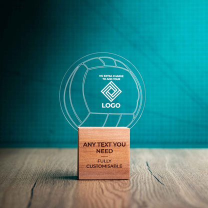 A medium Netball trophy with custom text and logos, on an eco-friendly wooden base, with a clear Perspex Netball mounted on top, featuring fully customisable areas for text and logos.