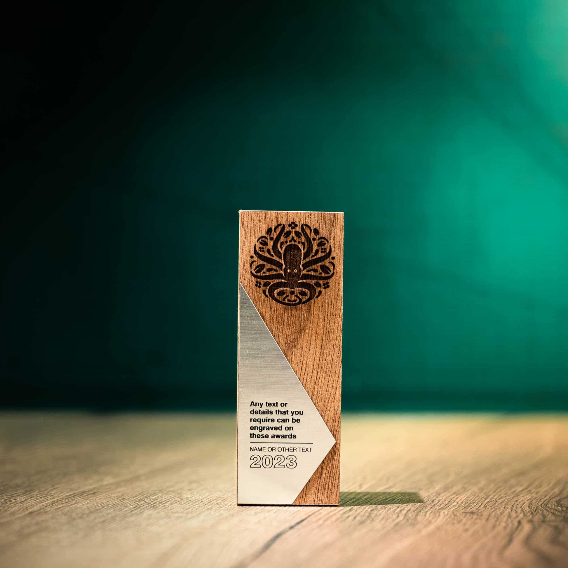 A medium contemporary laser engraved eco-friendly Obelisk wooden trophy - Silver