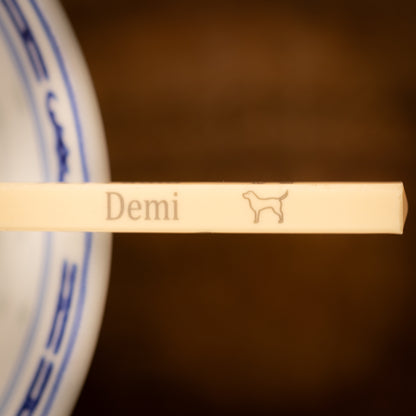 Cream coloured plastic melamine personalised chopsticks engraved with a name and Chinese Zodiac Animal, The Year of the Dog.