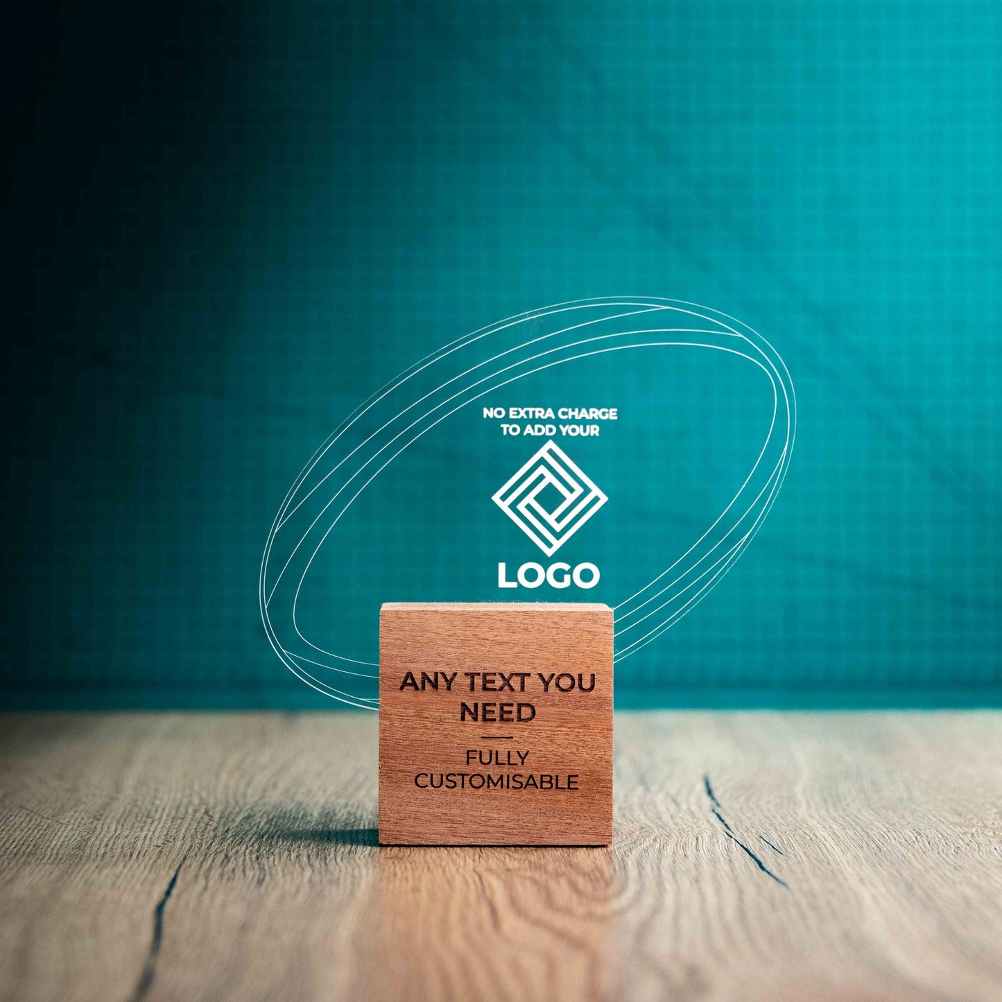 A medium rugby trophy with custom text and logos, on an eco-friendly wooden base, with a clear Perspex rugby ball mounted on top, featuring fully customisable areas for text and logos.
