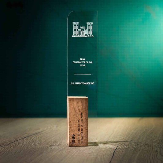 Sabre Trophy, an artistic personalised laser engraved perspex trophy with a wooden base